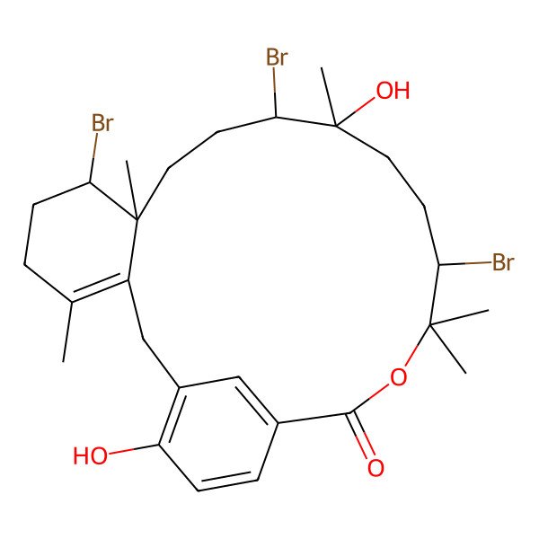 2D Structure of 7,11,15-Tribromo-12,22-dihydroxy-4,8,12,16,16-pentamethyl-17-oxatricyclo[17.3.1.03,8]tricosa-1(22),3,19(23),20-tetraen-18-one
