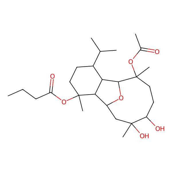 2D Structure of (9-Acetyloxy-12,13-dihydroxy-3,9,13-trimethyl-6-propan-2-yl-15-oxatricyclo[6.6.1.02,7]pentadecan-3-yl) butanoate