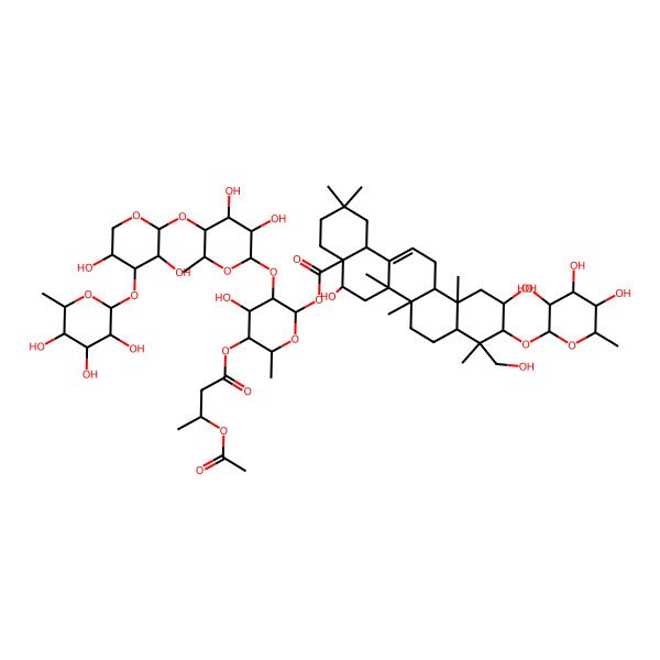 2D Structure of [(2S,3R,4S,5R,6R)-5-[(3S)-3-acetyloxybutanoyl]oxy-3-[(2S,3R,4S,5R,6S)-5-[(2S,3R,4S,5R)-3,5-dihydroxy-4-[(2S,3R,4R,5R,6S)-3,4,5-trihydroxy-6-methyloxan-2-yl]oxyoxan-2-yl]oxy-3,4-dihydroxy-6-methyloxan-2-yl]oxy-4-hydroxy-6-methyloxan-2-yl] (4aR,5R,6aR,6aS,6bR,8aR,9R,10R,11S,12aR,14bS)-5,11-dihydroxy-9-(hydroxymethyl)-2,2,6a,6b,9,12a-hexamethyl-10-[(2S,3R,4R,5R,6S)-3,4,5-trihydroxy-6-methyloxan-2-yl]oxy-1,3,4,5,6,6a,7,8,8a,10,11,12,13,14b-tetradecahydropicene-4a-carboxylate