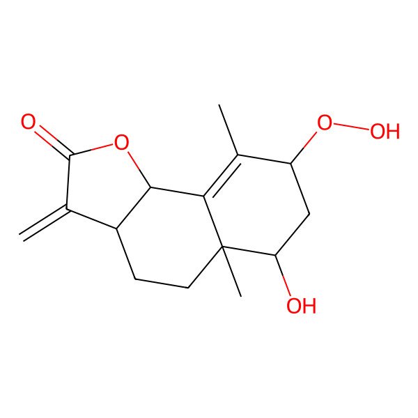 2D Structure of (3aS,5aR,6R,8R,9bS)-8-hydroperoxy-6-hydroxy-5a,9-dimethyl-3-methylidene-4,5,6,7,8,9b-hexahydro-3aH-benzo[g][1]benzofuran-2-one