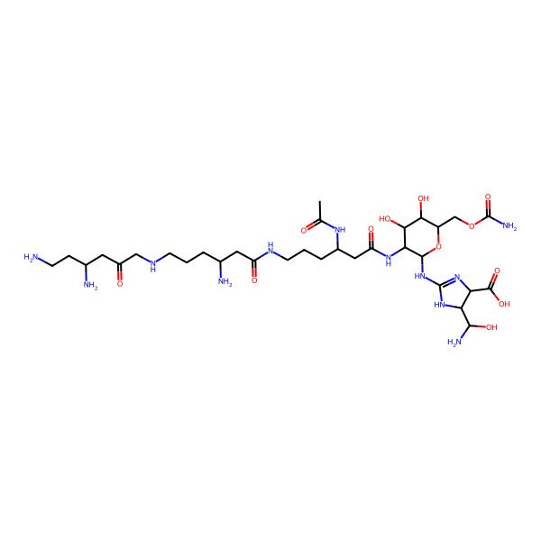 2D Structure of (4S,5S)-2-[[3-[[(3S)-3-acetamido-6-[[(3S)-3-amino-6-[[(4R)-4,6-diamino-2-oxohexyl]amino]hexanoyl]amino]hexanoyl]amino]-6-(carbamoyloxymethyl)-4,5-dihydroxyoxan-2-yl]amino]-5-[(S)-amino(hydroxy)methyl]-4,5-dihydro-1H-imidazole-4-carboxylic acid