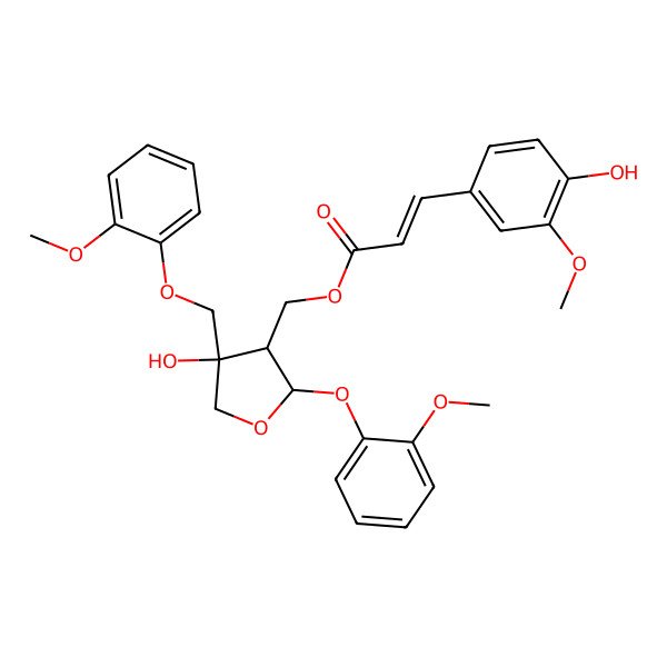 2D Structure of [4-Hydroxy-2-(2-methoxyphenoxy)-4-[(2-methoxyphenoxy)methyl]oxolan-3-yl]methyl 3-(4-hydroxy-3-methoxyphenyl)prop-2-enoate