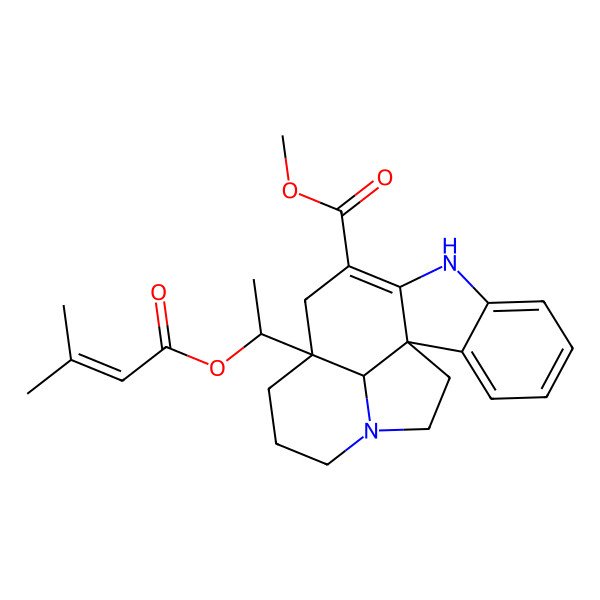 2D Structure of methyl (1R,12R,19R)-12-[(1R)-1-(3-methylbut-2-enoyloxy)ethyl]-8,16-diazapentacyclo[10.6.1.01,9.02,7.016,19]nonadeca-2,4,6,9-tetraene-10-carboxylate
