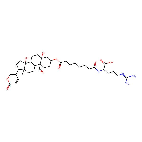 2D Structure of (2S)-5-(diaminomethylideneamino)-2-[[8-[[(3S,5S,8R,9S,10S,13R,14S,17R)-10-formyl-5,14-dihydroxy-13-methyl-17-(6-oxopyran-3-yl)-2,3,4,6,7,8,9,11,12,15,16,17-dodecahydro-1H-cyclopenta[a]phenanthren-3-yl]oxy]-8-oxooctanoyl]amino]pentanoic acid