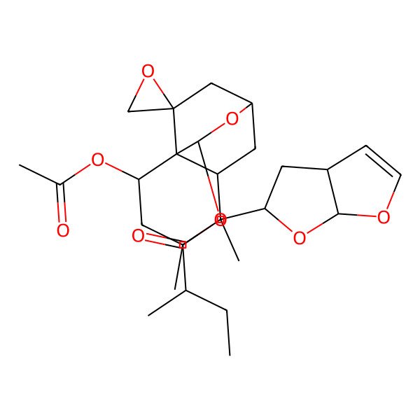 2D Structure of [(1R,2S,4R,5S,6R,8R,10R,11R)-5-[(3aS,5S,6aS)-3a,4,5,6a-tetrahydrofuro[2,3-b]furan-5-yl]-2-acetyloxy-4,5-dimethylspiro[9-oxatricyclo[6.2.2.01,6]dodecane-11,2'-oxirane]-10-yl] 2-methylbutanoate