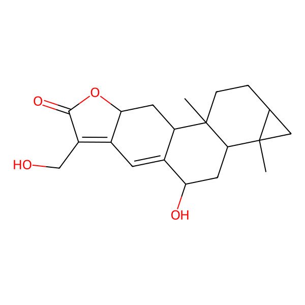 2D Structure of (1S,2R,5R,7S,8R,10S,17R)-10-hydroxy-14-(hydroxymethyl)-2,7-dimethyl-16-oxapentacyclo[9.7.0.02,8.05,7.013,17]octadeca-11,13-dien-15-one