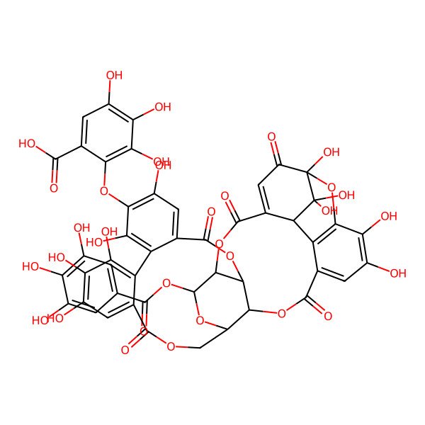 2D Structure of 2-[[(7R,8S,10R,28S,29R)-1,16,17,18,21,23,34,35,39,39-decahydroxy-2,5,13,26,31-pentaoxo-8-(3,4,5-trihydroxybenzoyl)oxy-6,9,12,27,30,40-hexaoxaoctacyclo[34.3.1.04,38.07,28.010,29.014,19.020,25.032,37]tetraconta-3,14,16,18,20,22,24,32,34,36-decaen-22-yl]oxy]-3,4,5-trihydroxybenzoic acid