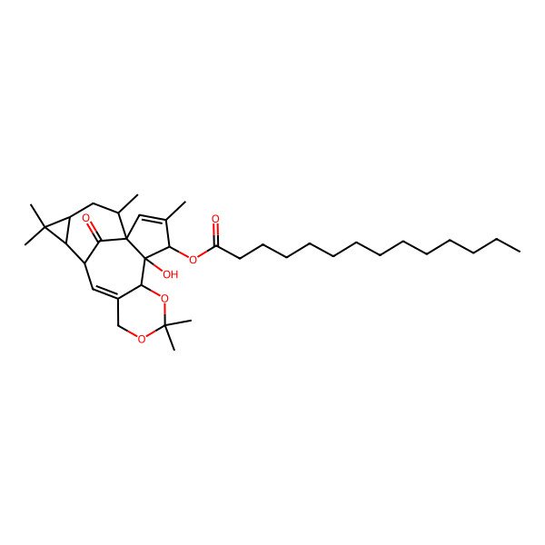 2D Structure of [(1S,4S,5S,6R,13S,14R,16R,18R)-5-hydroxy-3,8,8,15,15,18-hexamethyl-19-oxo-7,9-dioxapentacyclo[11.5.1.01,5.06,11.014,16]nonadeca-2,11-dien-4-yl] tetradecanoate