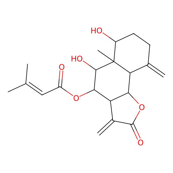 2D Structure of [(3aS,4R,5R,5aR,6R,9aS,9bR)-5,6-dihydroxy-5a-methyl-3,9-dimethylidene-2-oxo-3a,4,5,6,7,8,9a,9b-octahydrobenzo[g][1]benzofuran-4-yl] 3-methylbut-2-enoate