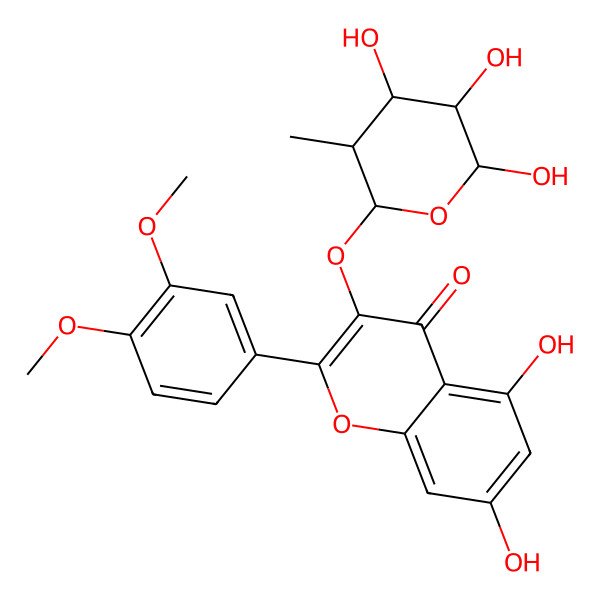 2D Structure of 2-(3,4-dimethoxyphenyl)-5,7-dihydroxy-3-[(2R,3R,4S,5R,6R)-4,5,6-trihydroxy-3-methyloxan-2-yl]oxychromen-4-one