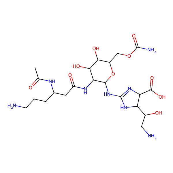2D Structure of 2-[[3-[(3-acetamido-6-aminohexanoyl)amino]-6-(carbamoyloxymethyl)-4,5-dihydroxyoxan-2-yl]amino]-5-(2-amino-1-hydroxyethyl)-4,5-dihydro-1H-imidazole-4-carboxylic acid