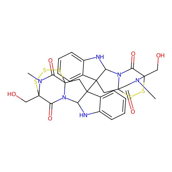 2D Structure of 14-(Hydroxymethyl)-3-[14-(hydroxymethyl)-18-methyl-13,17-dioxo-15,16-dithia-10,12,18-triazapentacyclo[12.2.2.01,12.03,11.04,9]octadeca-4,6,8-trien-3-yl]-19-methyl-15,16,17-trithia-10,12,19-triazapentacyclo[12.3.2.01,12.03,11.04,9]nonadeca-4,6,8-triene-13,18-dione