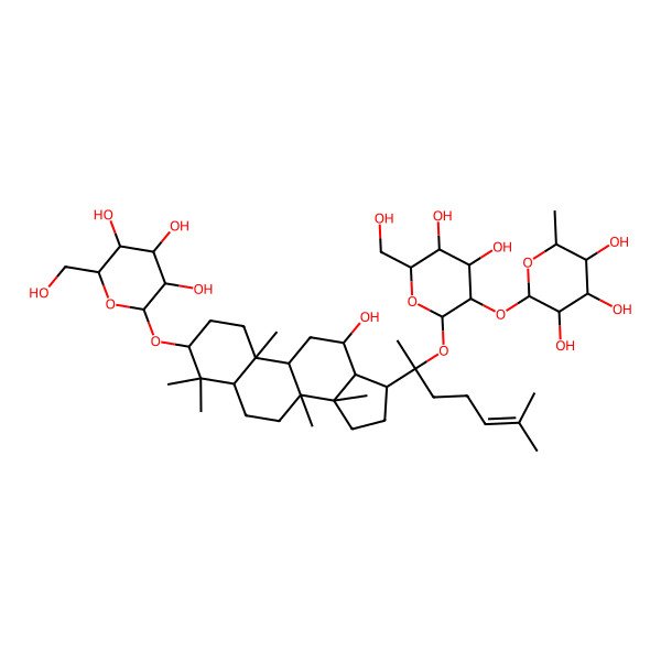 2D Structure of 2-[4,5-dihydroxy-6-(hydroxymethyl)-2-[2-[12-hydroxy-4,4,8,10,14-pentamethyl-3-[3,4,5-trihydroxy-6-(hydroxymethyl)oxan-2-yl]oxy-2,3,5,6,7,9,11,12,13,15,16,17-dodecahydro-1H-cyclopenta[a]phenanthren-17-yl]-6-methylhept-5-en-2-yl]oxyoxan-3-yl]oxy-6-methyloxane-3,4,5-triol