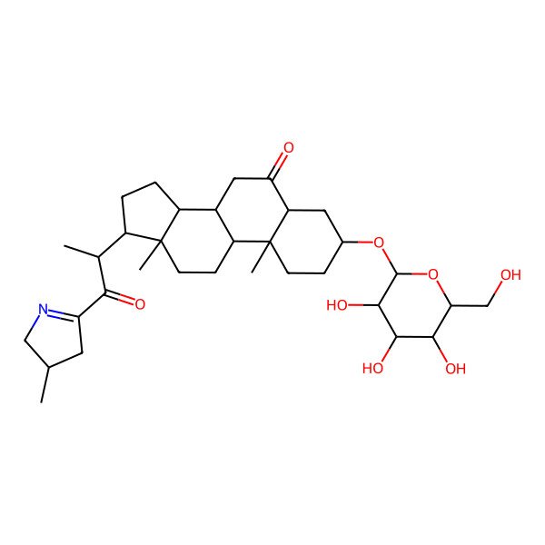 2D Structure of (3S,5S,8S,9S,10R,13S,14S,17R)-10,13-dimethyl-17-[(2S)-1-[(3R)-3-methyl-3,4-dihydro-2H-pyrrol-5-yl]-1-oxopropan-2-yl]-3-[(2R,3R,4S,5S,6R)-3,4,5-trihydroxy-6-(hydroxymethyl)oxan-2-yl]oxy-1,2,3,4,5,7,8,9,11,12,14,15,16,17-tetradecahydrocyclopenta[a]phenanthren-6-one