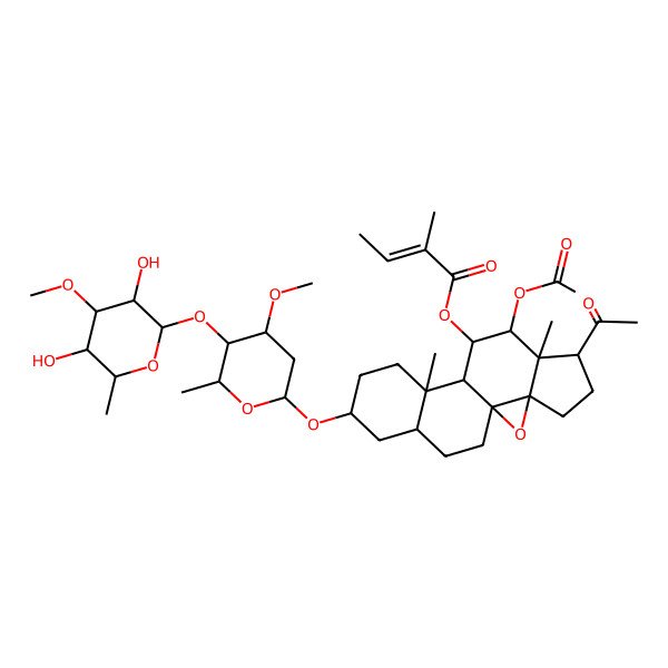 2D Structure of [6-Acetyl-8-acetyloxy-14-[5-(3,5-dihydroxy-4-methoxy-6-methyloxan-2-yl)oxy-4-methoxy-6-methyloxan-2-yl]oxy-7,11-dimethyl-2-oxapentacyclo[8.8.0.01,3.03,7.011,16]octadecan-9-yl] 2-methylbut-2-enoate