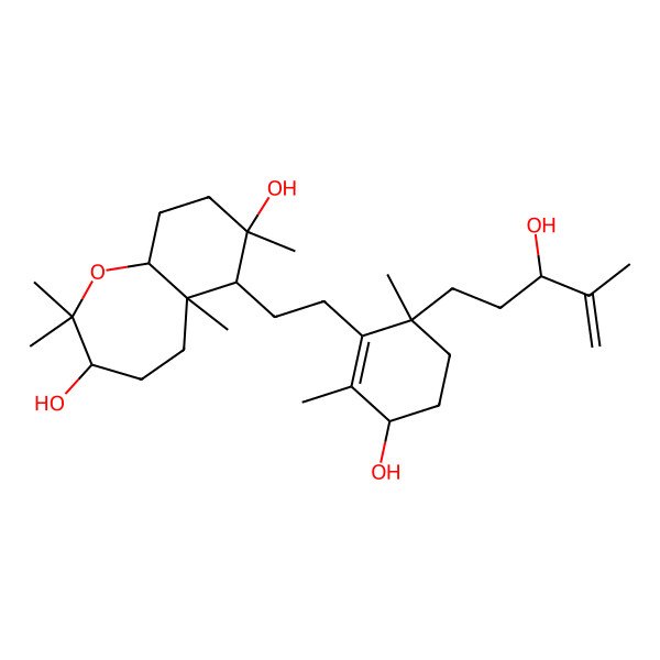 2D Structure of 6-[2-[3-hydroxy-6-(3-hydroxy-4-methylpent-4-enyl)-2,6-dimethylcyclohexen-1-yl]ethyl]-2,2,5a,7-tetramethyl-4,5,6,8,9,9a-hexahydro-3H-benzo[b]oxepine-3,7-diol