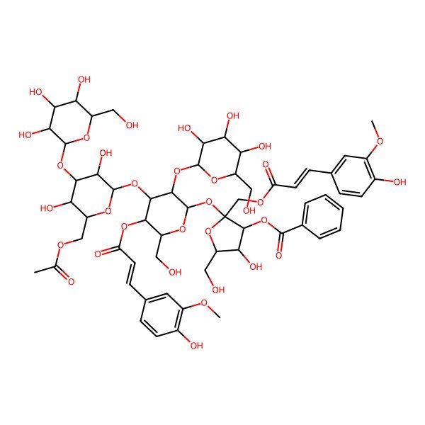 2D Structure of [2-[4-[6-(Acetyloxymethyl)-3,5-dihydroxy-4-[3,4,5-trihydroxy-6-(hydroxymethyl)oxan-2-yl]oxyoxan-2-yl]oxy-5-[3-(4-hydroxy-3-methoxyphenyl)prop-2-enoyloxy]-6-(hydroxymethyl)-3-[3,4,5-trihydroxy-6-(hydroxymethyl)oxan-2-yl]oxyoxan-2-yl]oxy-4-hydroxy-2-[3-(4-hydroxy-3-methoxyphenyl)prop-2-enoyloxymethyl]-5-(hydroxymethyl)oxolan-3-yl] benzoate