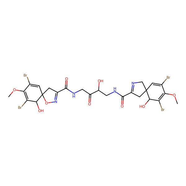 2D Structure of 7,9-dibromo-N-[4-[(7,9-dibromo-10-hydroxy-8-methoxy-2-azaspiro[4.5]deca-2,6,8-triene-3-carbonyl)amino]-3-hydroxy-2-oxobutyl]-6-hydroxy-8-methoxy-1-oxa-2-azaspiro[4.5]deca-2,7,9-triene-3-carboxamide