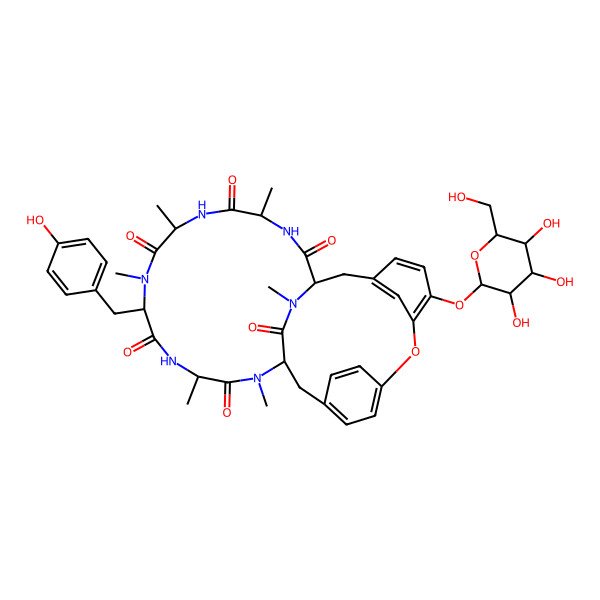 2D Structure of 10-[(4-Hydroxyphenyl)methyl]-4,7,9,13,15,29-hexamethyl-24-[3,4,5-trihydroxy-6-(hydroxymethyl)oxan-2-yl]oxy-22-oxa-3,6,9,12,15,29-hexazatetracyclo[14.12.2.218,21.123,27]tritriaconta-18,20,23,25,27(31),32-hexaene-2,5,8,11,14,30-hexone