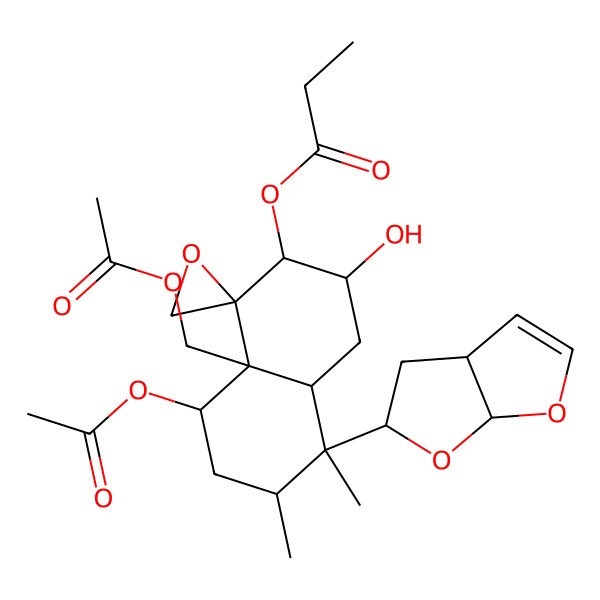 2D Structure of [(1S,2S,3R,4aR,5R,6S,8S,8aR)-5-[(5S)-3a,4,5,6a-tetrahydrofuro[2,3-b]furan-5-yl]-8-acetyloxy-8a-(acetyloxymethyl)-3-hydroxy-5,6-dimethylspiro[3,4,4a,6,7,8-hexahydro-2H-naphthalene-1,2'-oxirane]-2-yl] propanoate