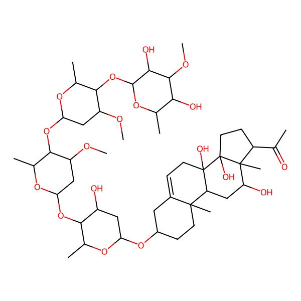 2D Structure of 1-[(3S,8S,9R,10R,12R,13S,14R,17S)-3-[(2R,4S,5S,6R)-5-[(2S,4S,5R,6R)-5-[(2S,4R,5R,6R)-5-[(2S,3R,4S,5R,6R)-3,5-dihydroxy-4-methoxy-6-methyloxan-2-yl]oxy-4-methoxy-6-methyloxan-2-yl]oxy-4-methoxy-6-methyloxan-2-yl]oxy-4-hydroxy-6-methyloxan-2-yl]oxy-8,12,14-trihydroxy-10,13-dimethyl-2,3,4,7,9,11,12,15,16,17-decahydro-1H-cyclopenta[a]phenanthren-17-yl]ethanone