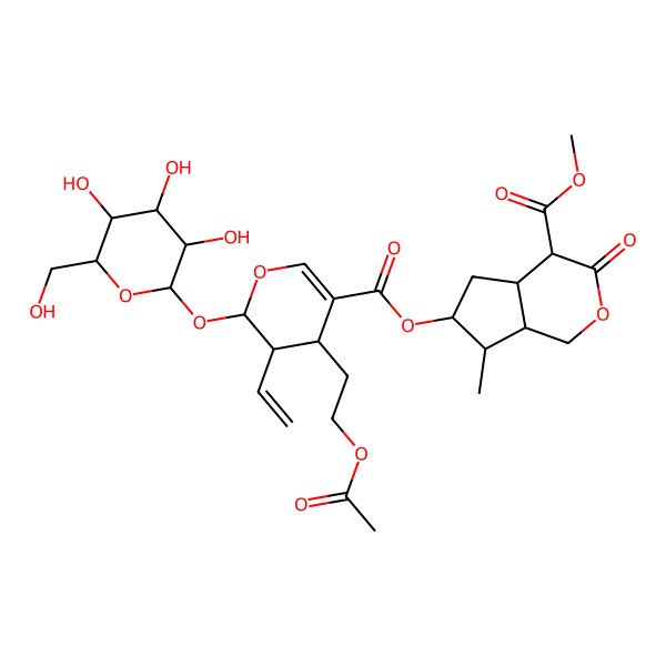 2D Structure of methyl (4S,6S,7R)-6-[(2S,4S)-4-(2-acetyloxyethyl)-3-ethenyl-2-[(2S,3R,4S,5S,6R)-3,4,5-trihydroxy-6-(hydroxymethyl)oxan-2-yl]oxy-3,4-dihydro-2H-pyran-5-carbonyl]oxy-7-methyl-3-oxo-4,4a,5,6,7,7a-hexahydro-1H-cyclopenta[c]pyran-4-carboxylate