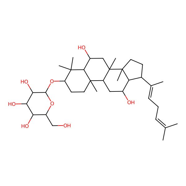 2D Structure of (2R,3R,4S,5S,6R)-2-[[(3S,5R,6S,8R,9R,10R,12R,13R,14R,17S)-6,12-dihydroxy-4,4,8,10,14-pentamethyl-17-[(2E)-6-methylhepta-2,5-dien-2-yl]-2,3,5,6,7,9,11,12,13,15,16,17-dodecahydro-1H-cyclopenta[a]phenanthren-3-yl]oxy]-6-(hydroxymethyl)oxane-3,4,5-triol
