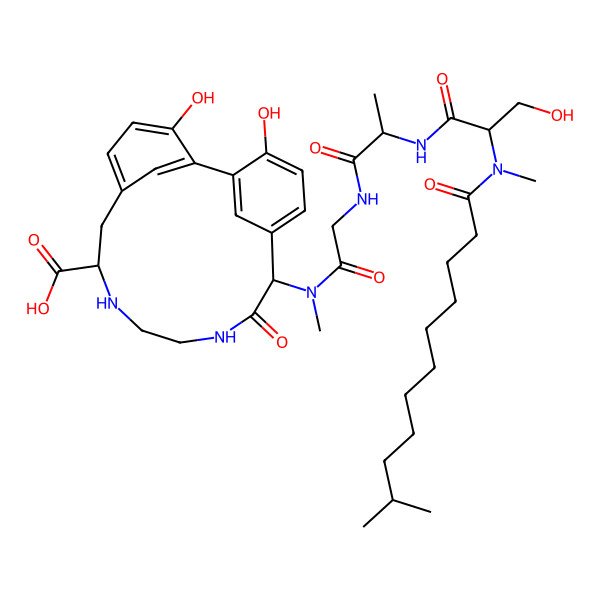 2D Structure of (8S,14S)-3,18-dihydroxy-14-[[2-[[(2R)-2-[[(2R)-3-hydroxy-2-[methyl(10-methylundecanoyl)amino]propanoyl]amino]propanoyl]amino]acetyl]-methylamino]-13-oxo-9,12-diazatricyclo[13.3.1.12,6]icosa-1(18),2,4,6(20),15(19),16-hexaene-8-carboxylic acid
