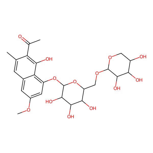 2D Structure of 1-[1-hydroxy-6-methoxy-3-methyl-8-[(2S,3R,4S,5S,6R)-3,4,5-trihydroxy-6-[[(2S,3R,4S,5R)-3,4,5-trihydroxyoxan-2-yl]oxymethyl]oxan-2-yl]oxynaphthalen-2-yl]ethanone