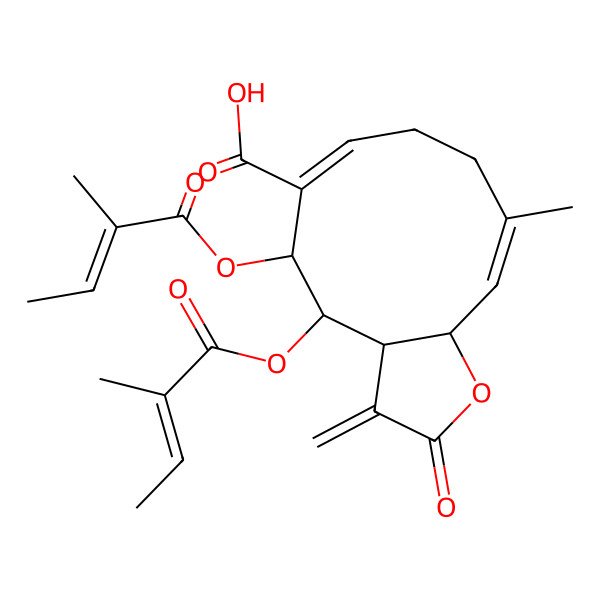 2D Structure of 10-Methyl-4,5-bis(2-methylbut-2-enoyloxy)-3-methylidene-2-oxo-3a,4,5,8,9,11a-hexahydrocyclodeca[b]furan-6-carboxylic acid