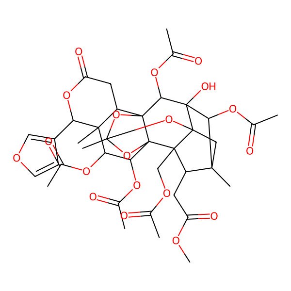 2D Structure of methyl 2-[(1R,2R,6S,7R,8R,9R,10R,12R,14R,15S,16S,17R,18S,19S,20R)-8,9,18,20-tetraacetyloxy-15-(acetyloxymethyl)-6-(furan-3-yl)-19-hydroxy-7,12,17-trimethyl-4-oxo-5,11,13,21-tetraoxaheptacyclo[10.8.1.114,17.01,10.02,7.010,15.014,19]docosan-16-yl]acetate