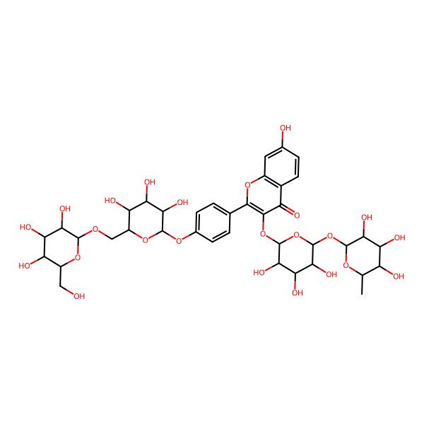 2D Structure of 7-hydroxy-2-[4-[(2S,3R,4S,5S,6R)-3,4,5-trihydroxy-6-[[(2R,3R,4S,5S,6R)-3,4,5-trihydroxy-6-(hydroxymethyl)oxan-2-yl]oxymethyl]oxan-2-yl]oxyphenyl]-3-[(2R,3R,4R,5S,6S)-3,4,5-trihydroxy-6-[(2S,3R,4S,5S,6S)-3,4,5-trihydroxy-6-methyloxan-2-yl]oxyoxan-2-yl]oxychromen-4-one