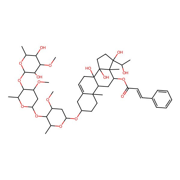 2D Structure of [(3S,8S,9R,10R,12R,13R,14R,17S)-3-[(2R,4S,5R,6R)-5-[(2S,4S,5R,6R)-5-[(2S,3R,4S,5R,6R)-3,5-dihydroxy-4-methoxy-6-methyloxan-2-yl]oxy-4-methoxy-6-methyloxan-2-yl]oxy-4-methoxy-6-methyloxan-2-yl]oxy-8,14,17-trihydroxy-17-[(1S)-1-hydroxyethyl]-10,13-dimethyl-1,2,3,4,7,9,11,12,15,16-decahydrocyclopenta[a]phenanthren-12-yl] (E)-3-phenylprop-2-enoate