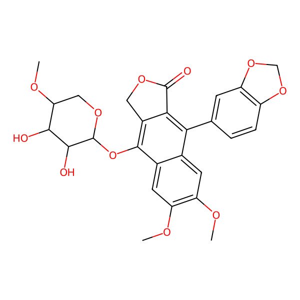 2D Structure of 9-(1,3-benzodioxol-5-yl)-4-[(2S,3R,4R,5R)-3,4-dihydroxy-5-methoxyoxan-2-yl]oxy-6,7-dimethoxy-3H-benzo[f][2]benzofuran-1-one
