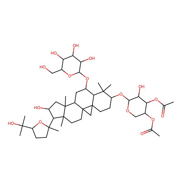 2D Structure of [(3S,4S,5S,6R)-4-acetyloxy-5-hydroxy-6-[[(1S,3R,6S,8R,9S,11S,12S,14S,15R,16R)-14-hydroxy-15-[(2R,5S)-5-(2-hydroxypropan-2-yl)-2-methyloxolan-2-yl]-7,7,12,16-tetramethyl-9-[(2R,3R,4S,5S,6R)-3,4,5-trihydroxy-6-(hydroxymethyl)oxan-2-yl]oxy-6-pentacyclo[9.7.0.01,3.03,8.012,16]octadecanyl]oxy]oxan-3-yl] acetate