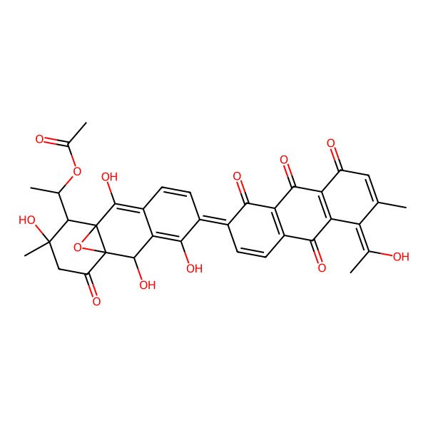 2D Structure of 1-[2,4,9,12-Tetrahydroxy-5-[5-(1-hydroxyethylidene)-6-methyl-1,8,9,10-tetraoxoanthracen-2-ylidene]-12-methyl-14-oxo-15-oxatetracyclo[8.4.1.01,10.03,8]pentadeca-3,6,8-trien-11-yl]ethyl acetate