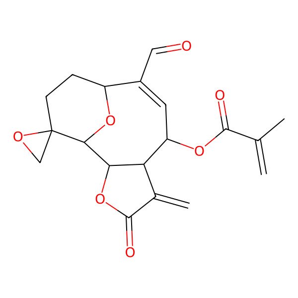 2D Structure of (9-Formyl-5-methylidene-4-oxospiro[3,14-dioxatricyclo[8.3.1.02,6]tetradec-8-ene-13,2'-oxirane]-7-yl) 2-methylprop-2-enoate
