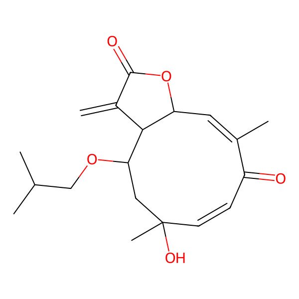 2D Structure of (3aR,4R,6R,7E,10Z,11aR)-6-hydroxy-6,10-dimethyl-3-methylidene-4-(2-methylpropoxy)-3a,4,5,11a-tetrahydrocyclodeca[b]furan-2,9-dione