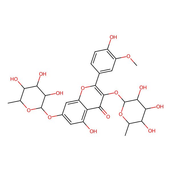 2D Structure of 5-hydroxy-2-(4-hydroxy-3-methoxyphenyl)-3,7-bis[[(3S,4S,5S,6R)-3,4,5-trihydroxy-6-methyloxan-2-yl]oxy]chromen-4-one