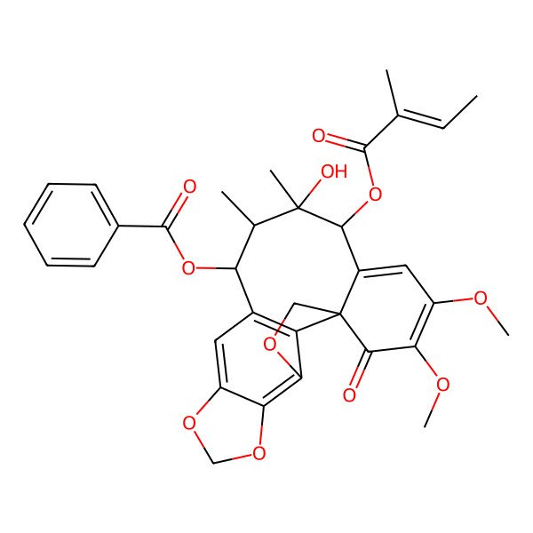 2D Structure of [(1S,12R,13S,14S,15S)-14-hydroxy-18,19-dimethoxy-13,14-dimethyl-15-[(Z)-2-methylbut-2-enoyl]oxy-20-oxo-3,6,8-trioxapentacyclo[9.9.1.01,16.04,21.05,9]henicosa-4(21),5(9),10,16,18-pentaen-12-yl] benzoate