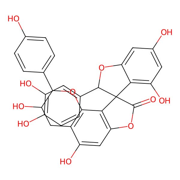 2D Structure of (2R,2'R,3R,3'R)-2-(3,4-dihydroxyphenyl)-3',4,5',6-tetrahydroxy-2'-(4-hydroxyphenyl)spiro[2H-1-benzofuran-3,9'-3,4-dihydro-2H-furo[2,3-h]chromene]-8'-one