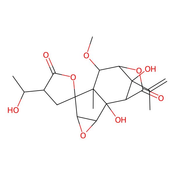 2D Structure of (1S,2R,3S,3'R,5R,6S,7R,8S,9S,12S)-2,12-dihydroxy-3'-[(1R)-1-hydroxyethyl]-8-methoxy-7-methyl-12-prop-1-en-2-ylspiro[4,10-dioxatetracyclo[7.2.1.02,7.03,5]dodecane-6,5'-oxolane]-2',11-dione