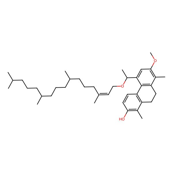 2D Structure of 7-methoxy-1,8-dimethyl-5-[(1R)-1-[(E,7R,11R)-3,7,11,15-tetramethylhexadec-2-enoxy]ethyl]-9,10-dihydrophenanthren-2-ol