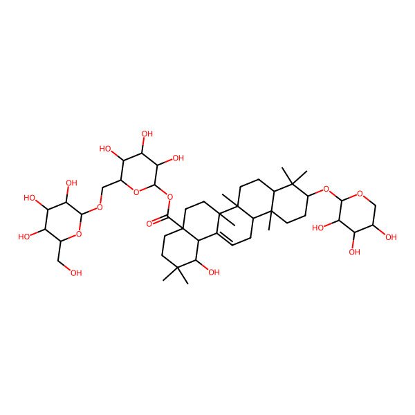 2D Structure of [(2S,3R,4S,5S,6R)-3,4,5-trihydroxy-6-[[(2R,3R,4S,5S,6R)-3,4,5-trihydroxy-6-(hydroxymethyl)oxan-2-yl]oxymethyl]oxan-2-yl] (1S,4aR,6aR,6aS,6bR,8aR,10S,12aR,14bS)-1-hydroxy-2,2,6a,6b,9,9,12a-heptamethyl-10-[(2S,3R,4S,5S)-3,4,5-trihydroxyoxan-2-yl]oxy-1,3,4,5,6,6a,7,8,8a,10,11,12,13,14b-tetradecahydropicene-4a-carboxylate
