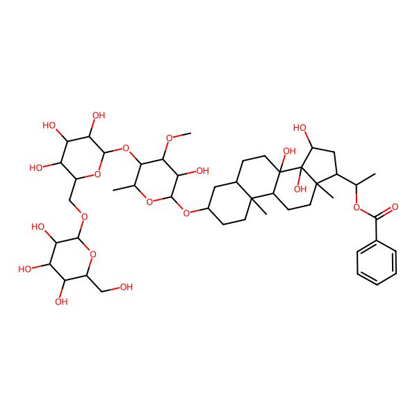 2D Structure of [(1S)-1-[(3S,5S,8S,9R,10S,13R,14S,15R,17S)-8,14,15-trihydroxy-3-[(2R,3R,4R,5S,6R)-3-hydroxy-4-methoxy-6-methyl-5-[(2S,3R,4S,5R,6R)-3,4,5-trihydroxy-6-[[(2R,3R,4S,5R,6R)-3,4,5-trihydroxy-6-(hydroxymethyl)oxan-2-yl]oxymethyl]oxan-2-yl]oxyoxan-2-yl]oxy-10,13-dimethyl-2,3,4,5,6,7,9,11,12,15,16,17-dodecahydro-1H-cyclopenta[a]phenanthren-17-yl]ethyl] benzoate