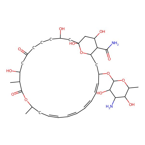 2D Structure of (1R,3S,9R,10S,13R,15E,17E,19E,21E,23R,25S,26R,27S)-23-[(2R,3S,4S,5S,6R)-4-amino-3,5-dihydroxy-6-methyloxan-2-yl]oxy-1,3,9,27-tetrahydroxy-10,13-dimethyl-7,11-dioxo-12,29-dioxabicyclo[23.3.1]nonacosa-15,17,19,21-tetraene-26-carboxamide