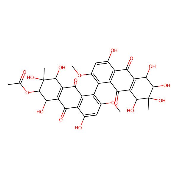 2D Structure of [1,3,4,8-tetrahydroxy-6-methoxy-3-methyl-9,10-dioxo-5-(4,5,6,7,8-pentahydroxy-2-methoxy-7-methyl-9,10-dioxo-6,8-dihydro-5H-anthracen-1-yl)-2,4-dihydro-1H-anthracen-2-yl] acetate
