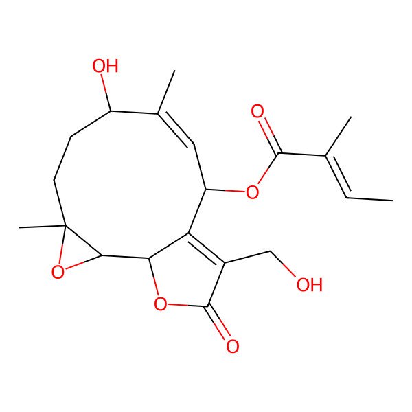 2D Structure of [7-Hydroxy-12-(hydroxymethyl)-4,8-dimethyl-13-oxo-3,14-dioxatricyclo[9.3.0.02,4]tetradeca-8,11-dien-10-yl] 2-methylbut-2-enoate