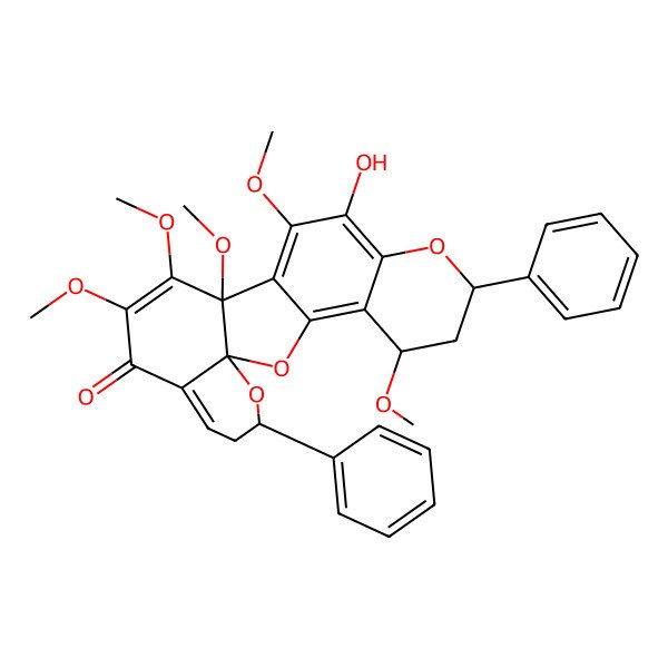 2D Structure of 10-Hydroxy-5,11,13,14,15-pentamethoxy-7,20-diphenyl-2,8,21-trioxapentacyclo[11.8.0.01,17.03,12.04,9]henicosa-3,9,11,14,17-pentaen-16-one