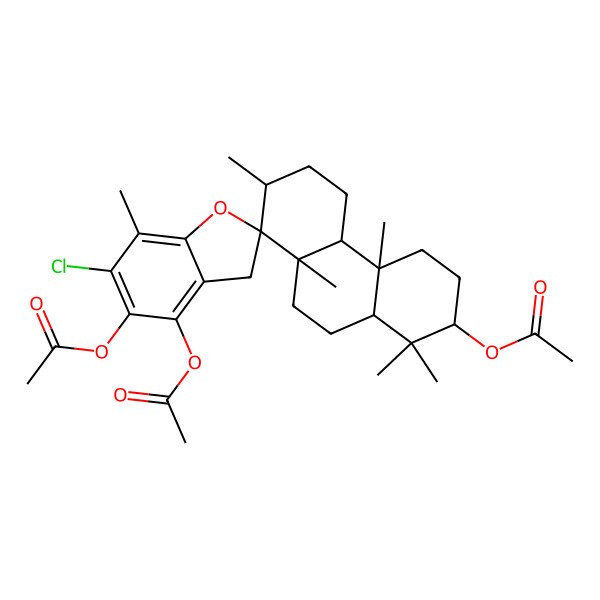 2D Structure of (4',5'-diacetyloxy-6'-chloro-1,1,4a,7,7',8a-hexamethylspiro[2,3,4,4b,5,6,7,9,10,10a-decahydrophenanthrene-8,2'-3H-1-benzofuran]-2-yl) acetate